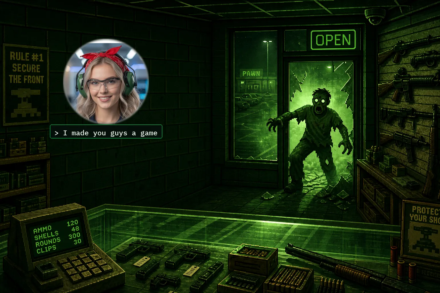 Gun Store Game — a zombie bursts through the shop door. Betsy: I made you guys a game.
