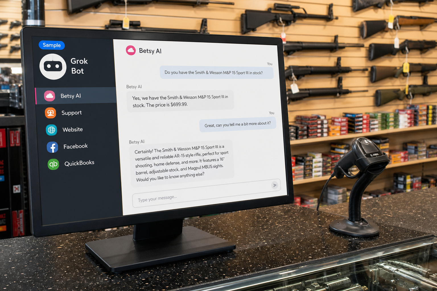 Sample Grok Bot setup UI on a gun store counter.