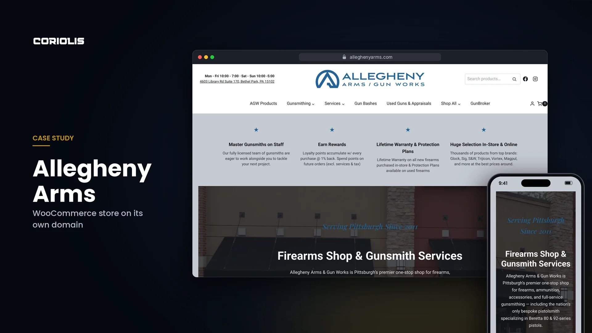 Allegheny Arms' WooCommerce store by Coriolis, shown on a desktop browser and a phone.