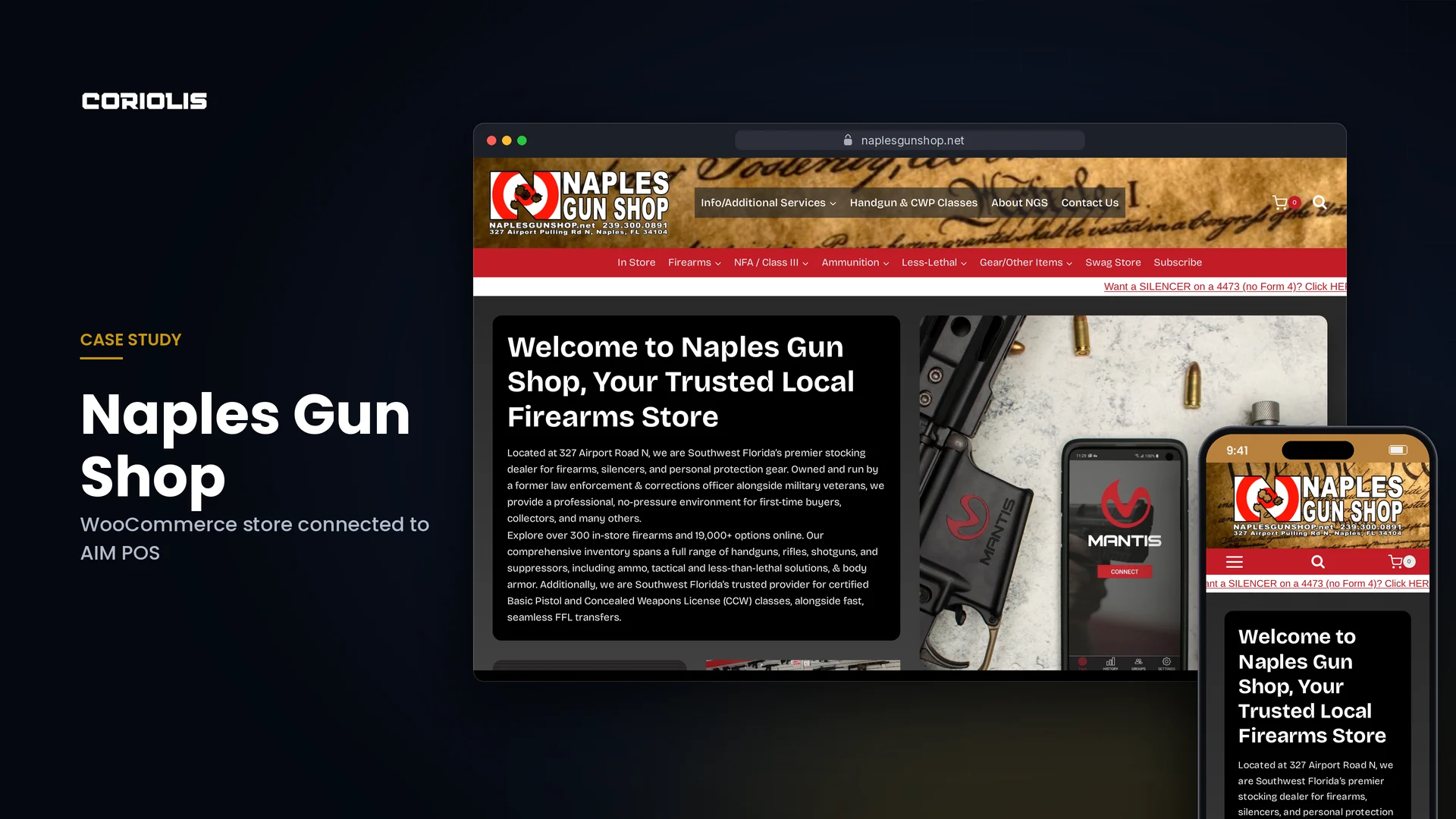 Naples Gun Shop's WooCommerce website by Coriolis, shown on a desktop browser and a phone.