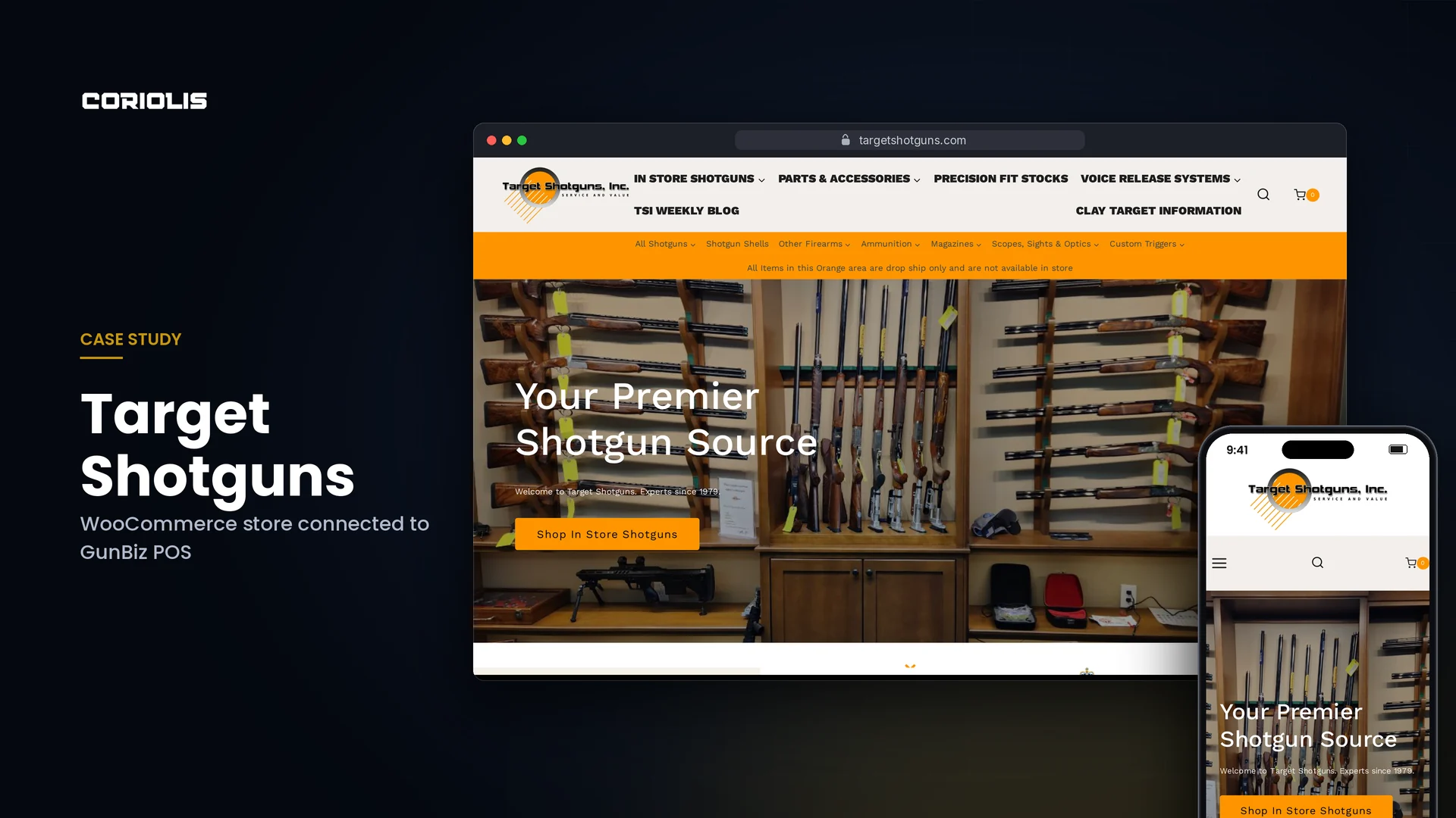 Target Shotguns' WooCommerce website by Coriolis, shown on a desktop browser and a phone.